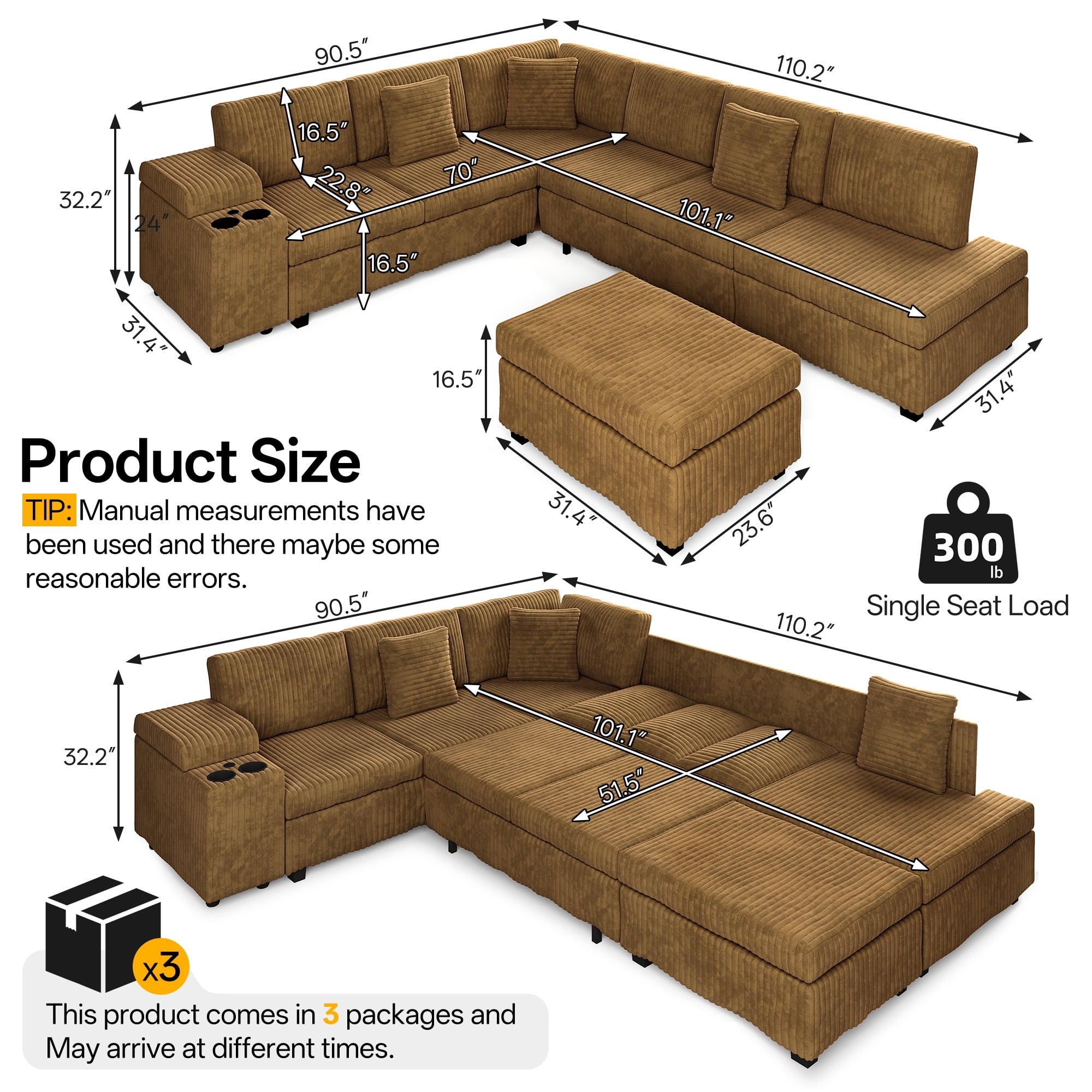 ShiKeyi 110" L Shaped Sectional Sofa Set, Convertible Sleeper Sofa with Pull Out Bed, Corduroy Fabric Sleeper Sofa with Ottoman, Hidden Armrest Storage, Cup Holders & USB Charging Ports, Camel