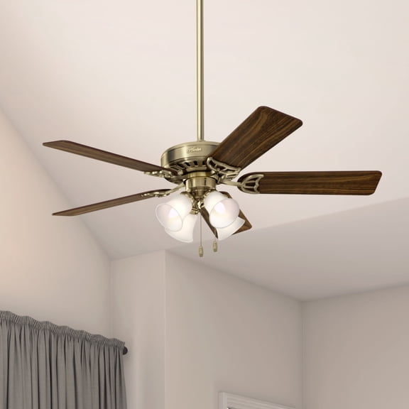 Hunter 52 inch Indoor Ceiling Fan with LED Lights and Pull Chain - Brass Ceiling Fan, Standard Mount, 5 Blades, For Bedroom, Living Room, or Kitchen, Quiet - Studio Series 53063, Antique Brass