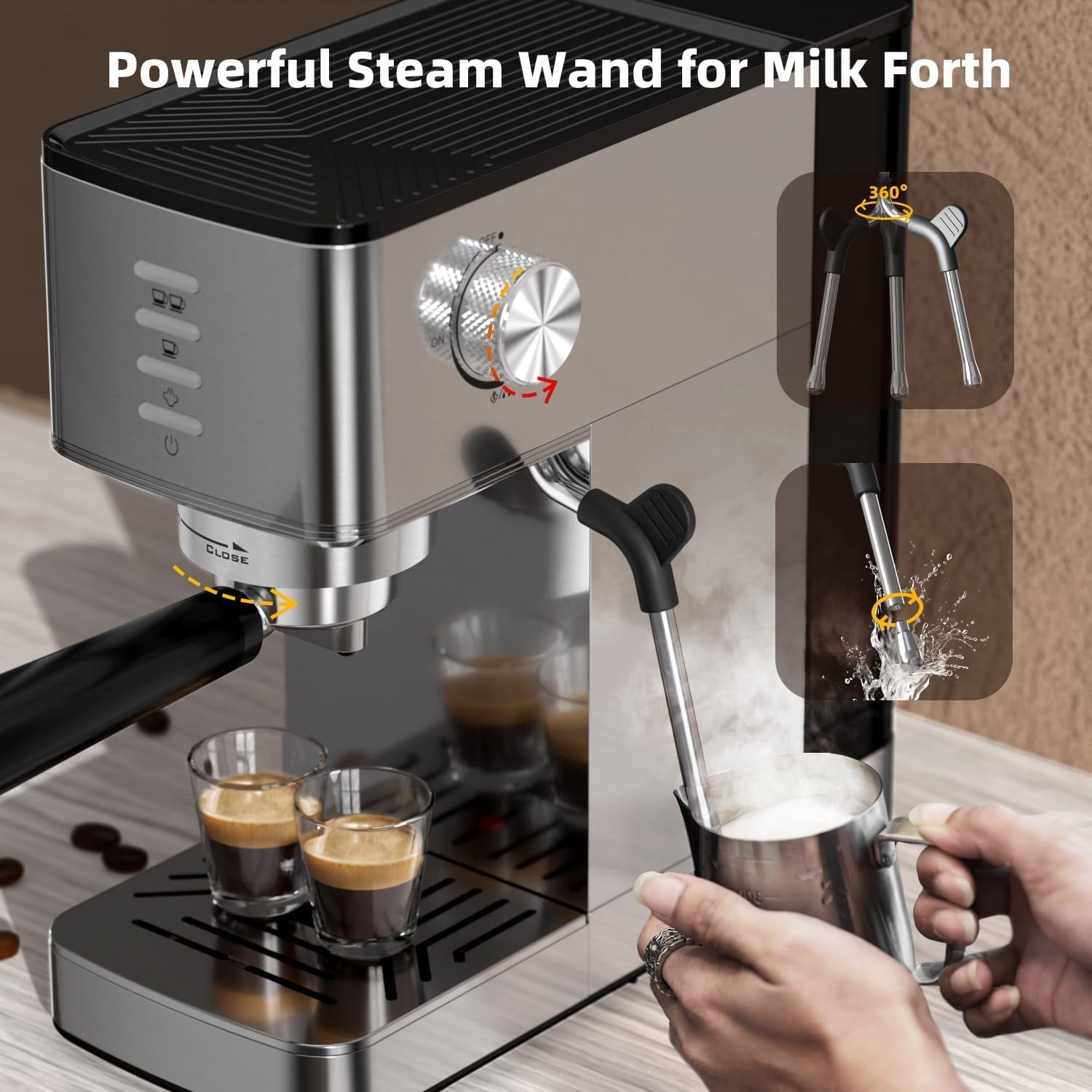 KNDKO 20 Bar Espresso Machine, Stainless Steel Coffee Maker Machine with Milk Frother, Steam Wand, PID Control, 40oz Removable Water Tank