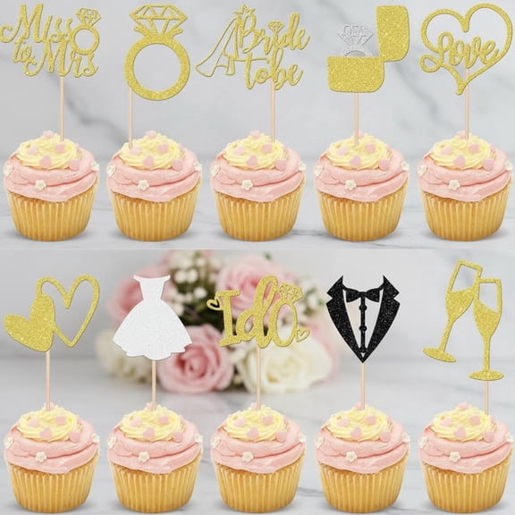 Bride to Be Cupcake Toppers Glitter Wedding Cupcake Toppers I Do Love Heart Ring Miss to Mrs Cupcake Picks for Bridal Shower Wedding Engagement Party Cake Decorations Gold