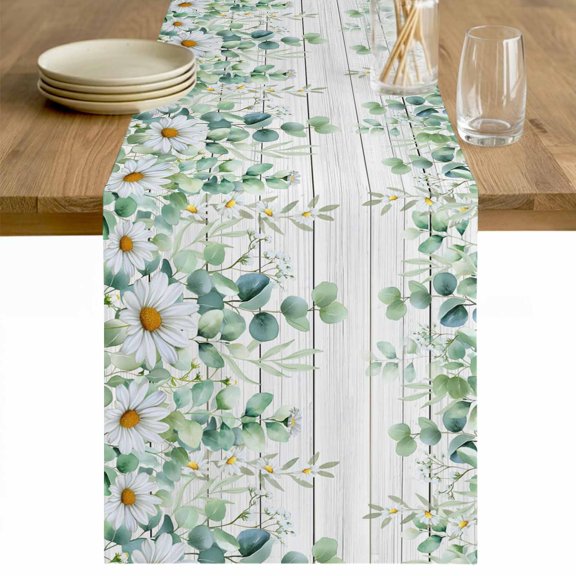 Green Eucalyptus Leaves Table Runner - 70 Inch Long Daisy Summer Botanical Wooden Cotton and Linen Blended Dress Scarves Farmhouse Table Runner for Kitchen Dining, Coffee Table, 13" x 70"
