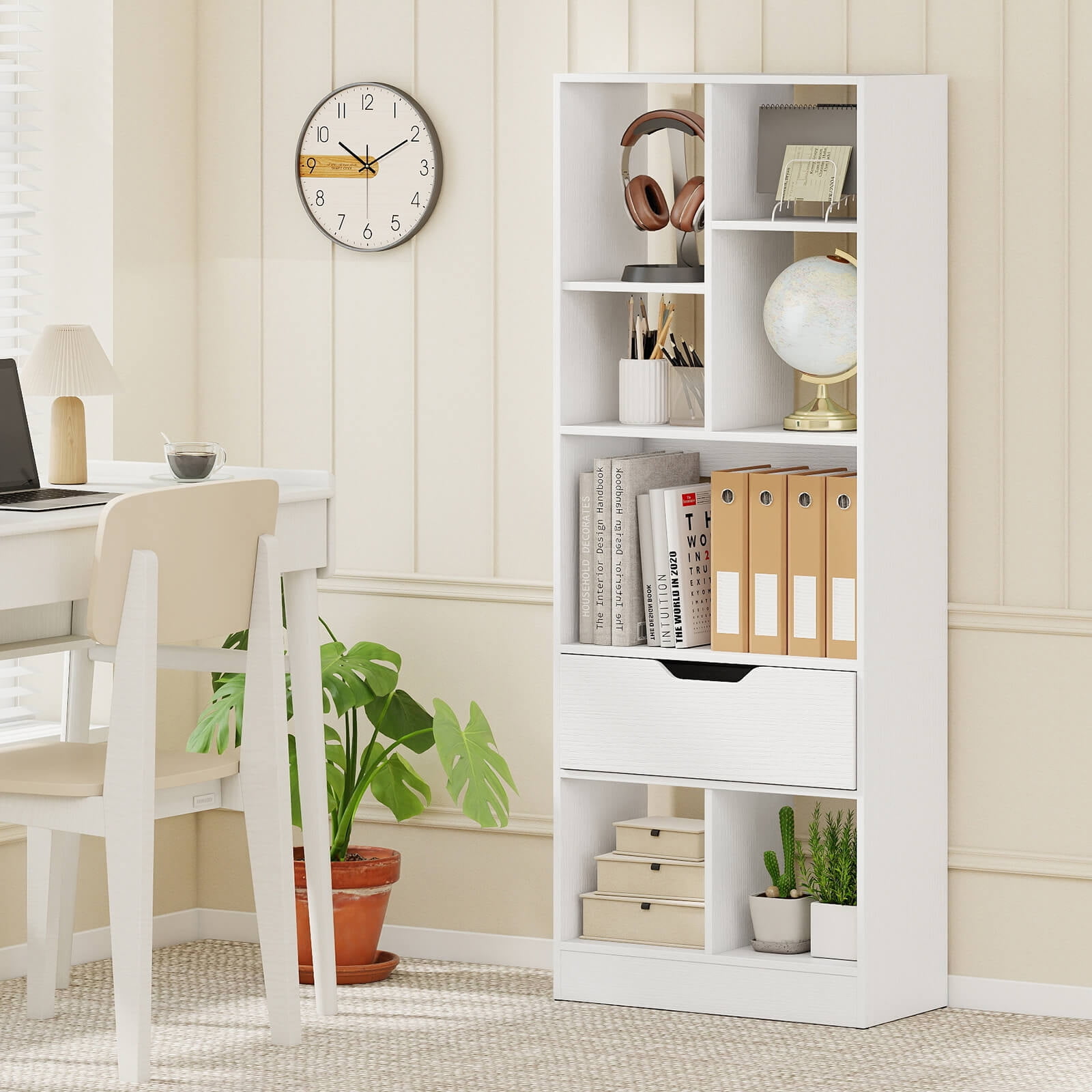 Costway 2 PCS 51” Tall Bookcase with Drawer 7 Open Cubes Anti-toppling Kits for Study Home White
