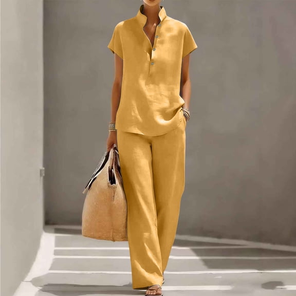 TaTaai Two Piece Sets for Women Short Sleeve Stand Collar Shirt High Waist Wide Leg Pants Casual Summer Outfits