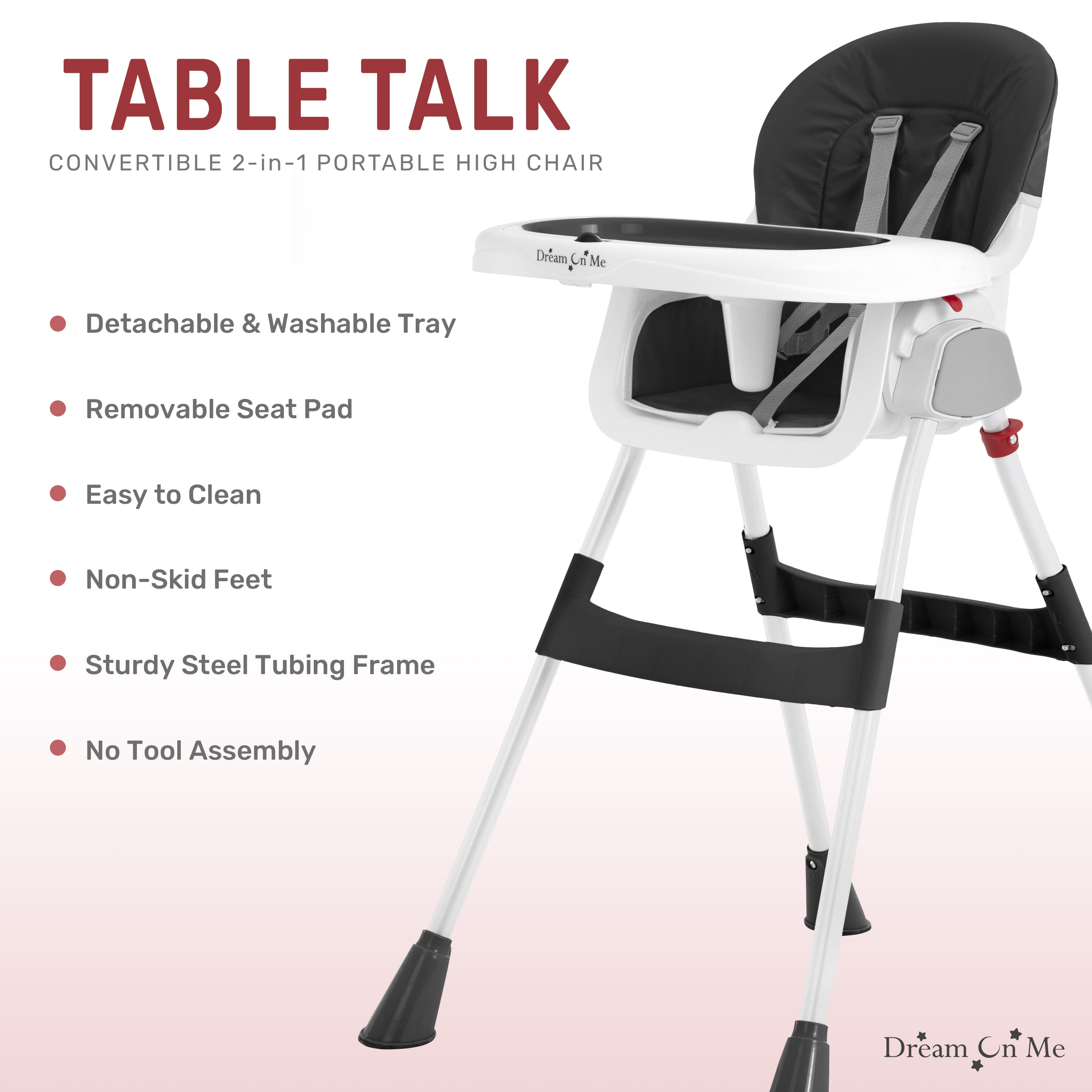 Dream On Me Portable 2-in-1 Table Talk Baby High Chair, Convertible, Compact and Light Weight, Black