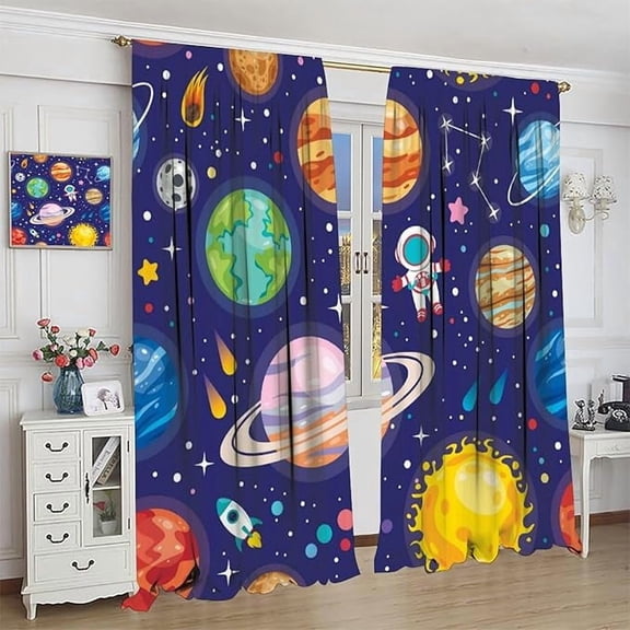 Galaxy Space Curtains, Cartoon Astronaut Planets Stars Spaceman Cute Solar System Universe Printed Rod Rocket Window Drapes For Boys Kids Bedroom Living Room 53"W x 84"L (Pack of 2)