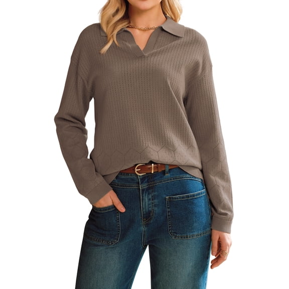Arach&Cloz Women's 100% Cotton Collared V Neck Eyelet Knit Spring Cotton Polo Shirts 2026