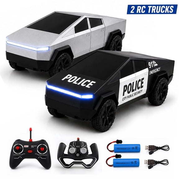 2-Pack RC Cyber Truck Set for Kids – Silver Truck Police Truck, 27MHz Remote Control Cars with LED Lights, Rechargeable Batteries, All-Terrain Racing Toys for Boys & Girls