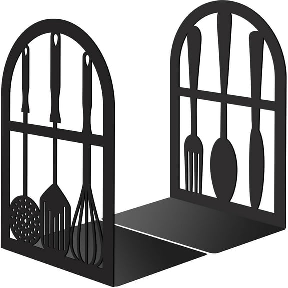 1 Pair Black Metal Bookends Kitchen Heavy Duty Study Non-Skid Tableware 4.7x3.5x7 Book Holder Stand Decorative Organizer Support