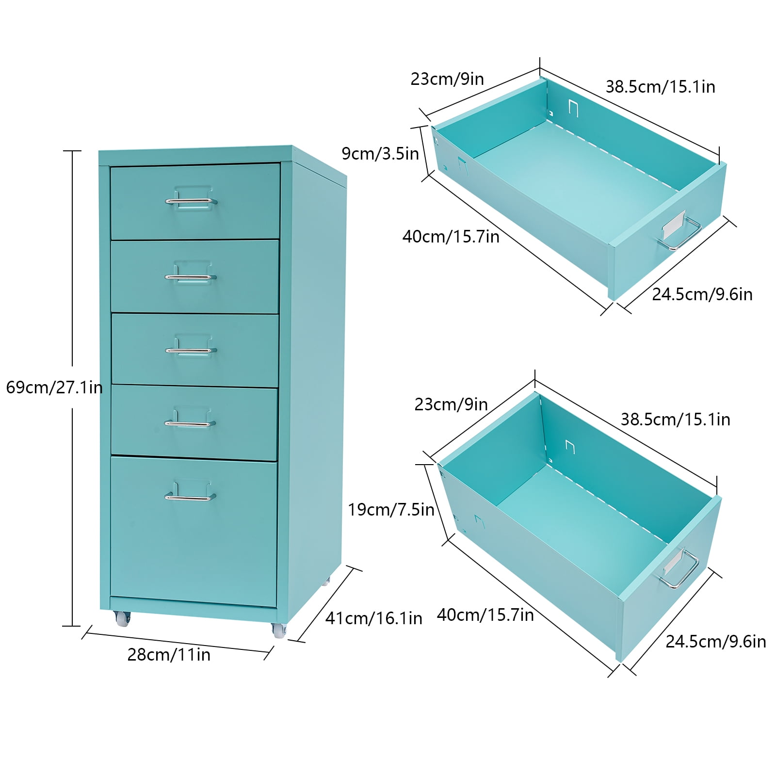 Miumaeov 5-Drawer Metal Storage Cabinet Movable File Cabinet with Wheels for Living Room Office Study  16" D x 11" W x 27" H