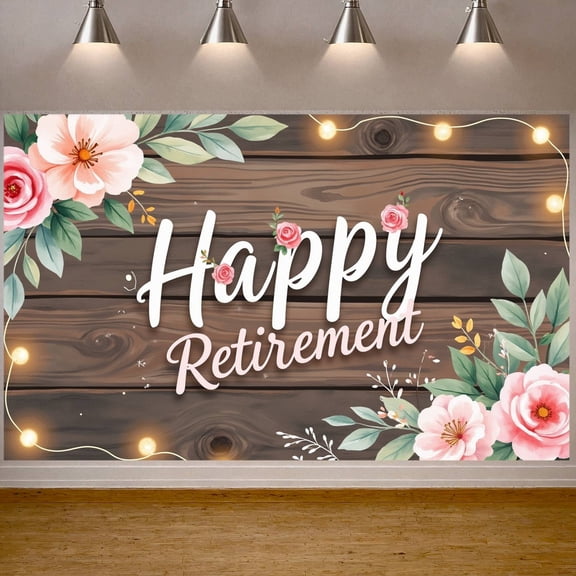 Pink Floral Happy Retirement Banner Rustic Wood Grain Retirement Backdrop LED String Light Vintage Display for Retirement Party, Retiree Celebration, Indoor Gathering