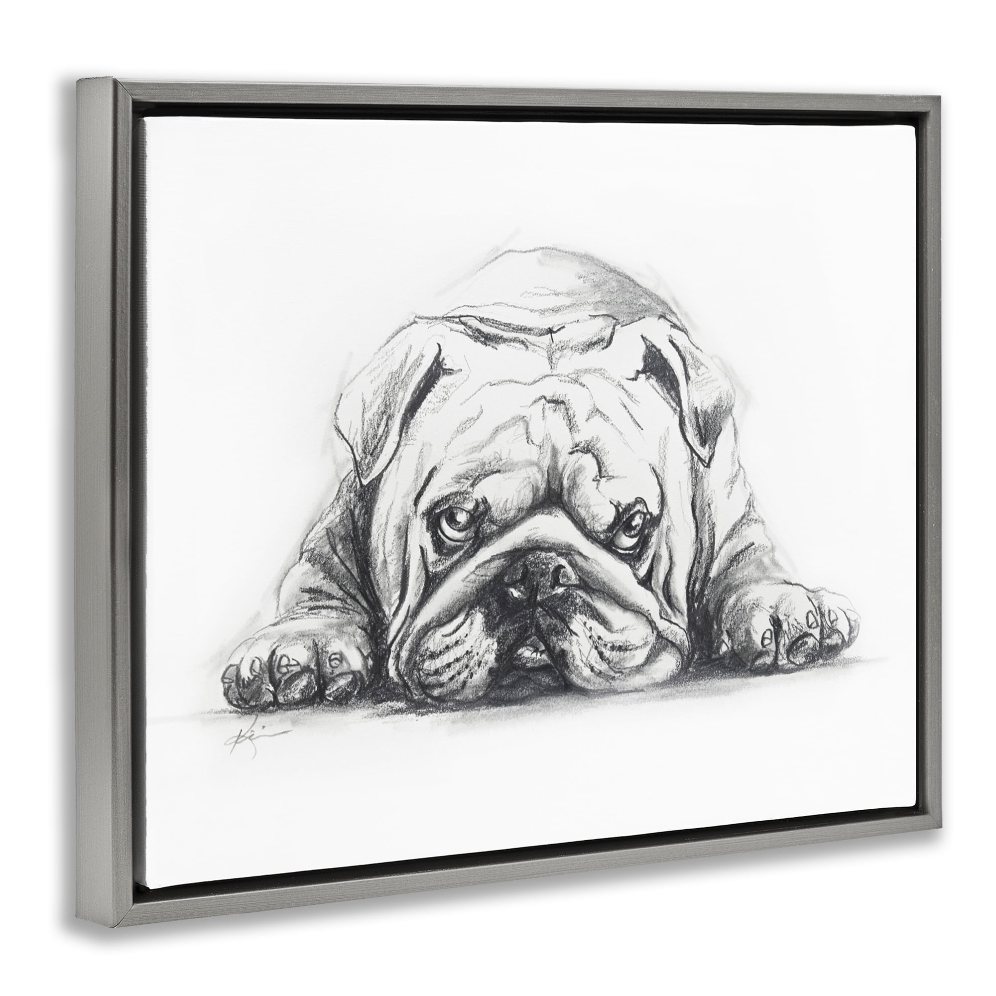 Stupell Industries Bulldog Puppy Naptime Animals Drawing Gray Floater Framed Canvas Art Print Wall Art, 31 x 25