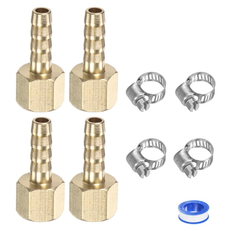 Uxcell 4-Pack Brass Hose Barb Fittings 6mm x G1/8 Female Adapter Hose Connector with Stainless Steel Hose Clamp & Tape
