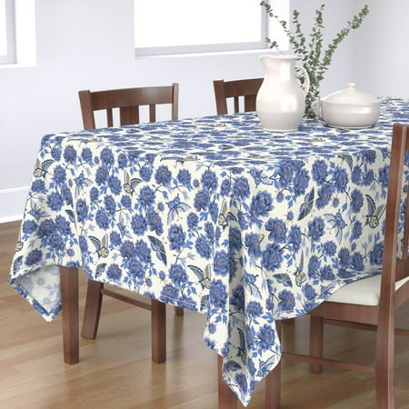 

Cotton Sateen Tablecloth 70 x 90 - Peonies Butterflies Blue Chinoiserie Flowers Botanical Chinese Inspired Print Custom Table Linens by Spoonflower