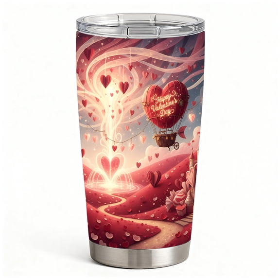 Romantic Heart Hot Air Balloon Valentine’s Day Insulated Tumbler with Lid & Straw, Stainless Steel Double-Wall Travel Coffee Cup Gift for Women