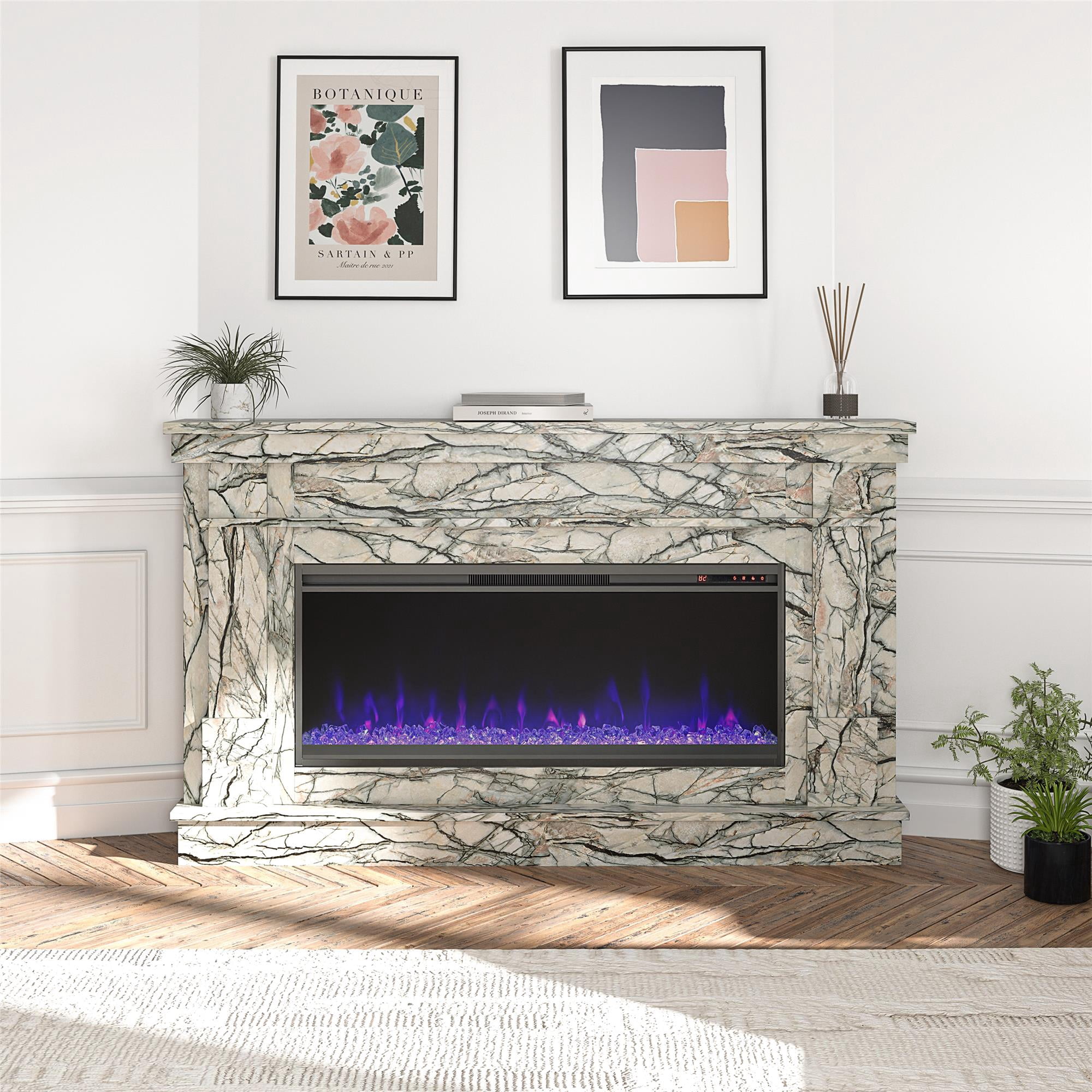 Novogratz Waverly Wide Mantel with Linear Electric Fireplace & Crystal Ember Bed, Onyx Marble