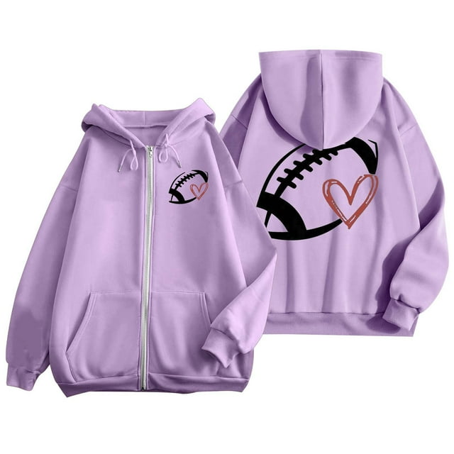 Women's Fashionable Rugby Printed Zipper Long Sleeved Pocket Drawstring Casual Sports Hoodie (11)