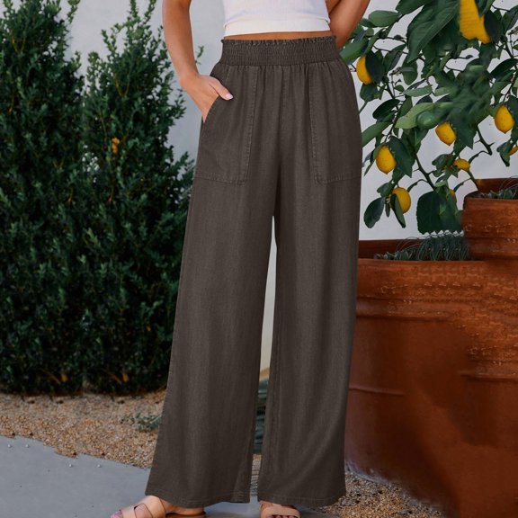 Cagogo Women Plus Size Wide Leg Elastic Waist Trousers with Pockets Casual Loose Long Pants for Vacation, Brown 3XL