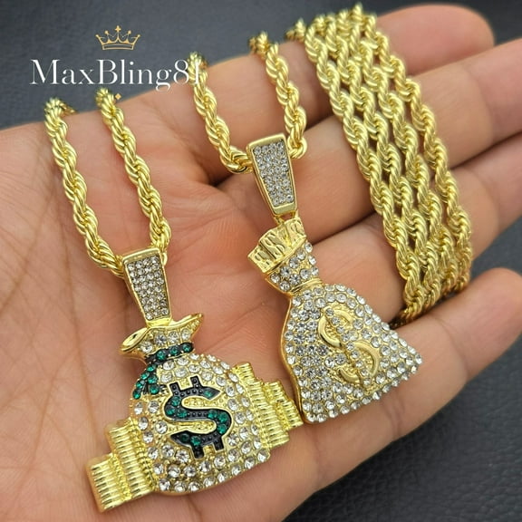 Men's Iced Money Bag Cubic Zirconia Pendant & 4mm 24" Rope Chain Hip Hop Rapper 2 Necklace Set