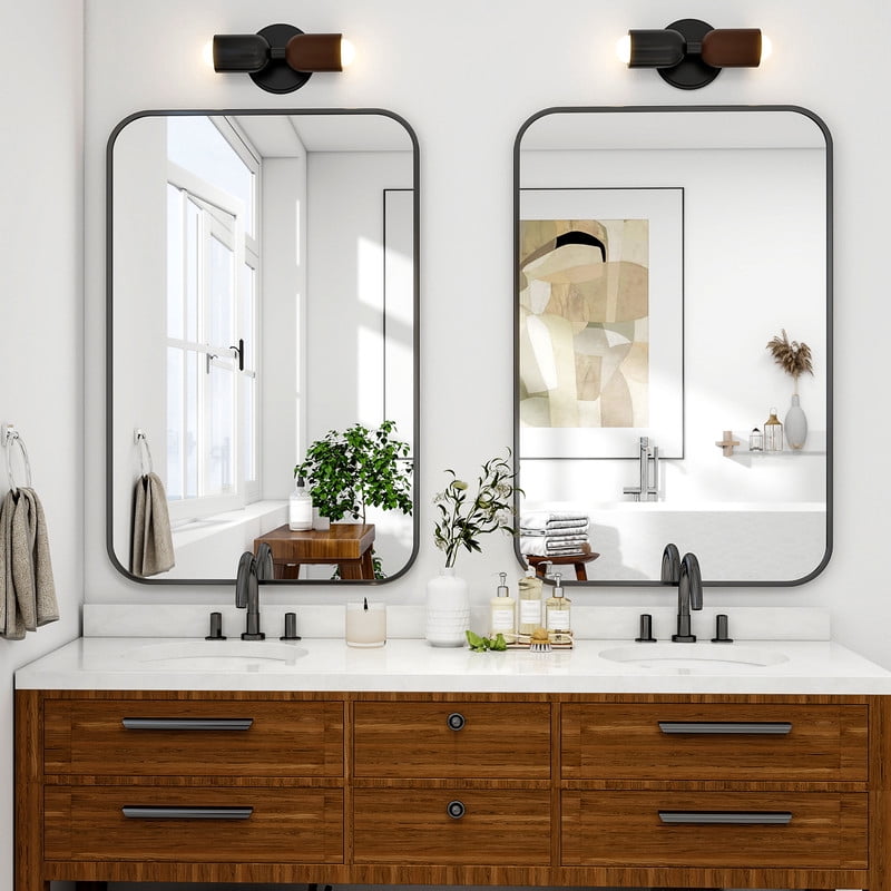 Easy4Home 38"x26" Rectangular Bathroom Mirror Hanging Rounded Corners Vanity Mirror Wall Mounted, Black