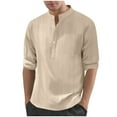 thumbnail image 2 of Blusa y camisa de manga larga con cuello alto para hombre, de lino, informal, lisa, con botones, cuello alto y bolsillo, de manga larga, de algodón y poliéster., 2 of 8