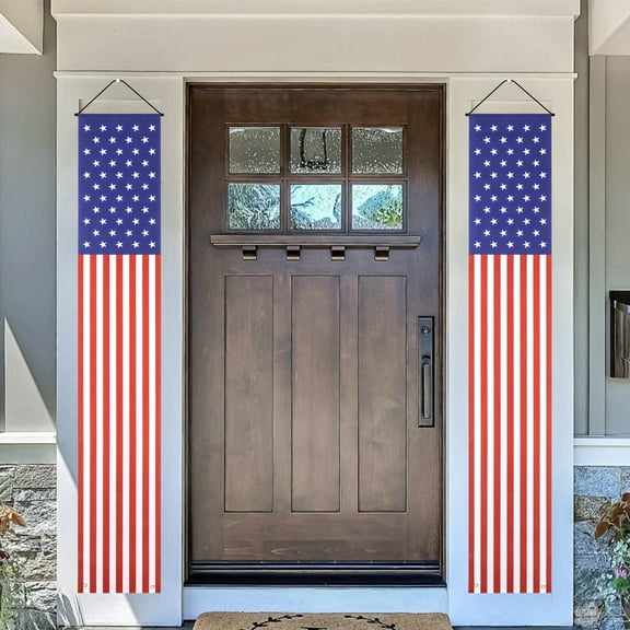 2 Pack 4th of July Outdoor Patriotic Hanging Banners, 70.9" x 11.8" American Flag Porch Signs for Memorial Day, Independence Day, Front Door or Garden Decor