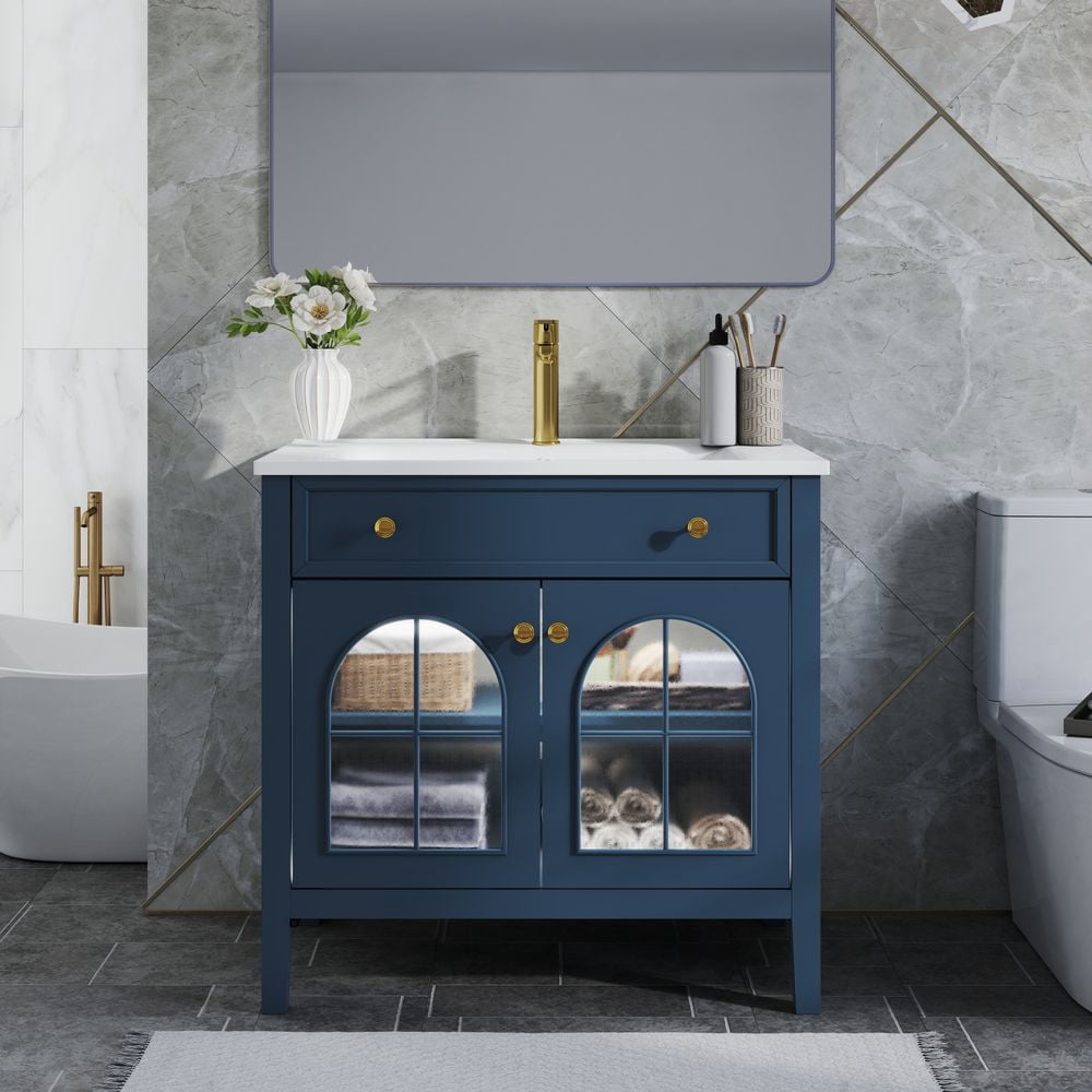 WGYPRIME 35.6" Mid-Century Bathroom Vanity with Sink, Farmhouse Bathroom Storage Cabinet with Glass Doors & Motion-sensor Light Strip, Freestanding Single Sink Bathroom Vanity Combo