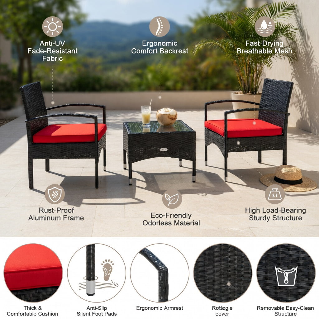 Hommoo 3-Piece Outdoor Wicker Patio Furniture Set with Weather-Resistant Cushions, Rattan Chairs & Table for Backyard, Garden, Patio, Red