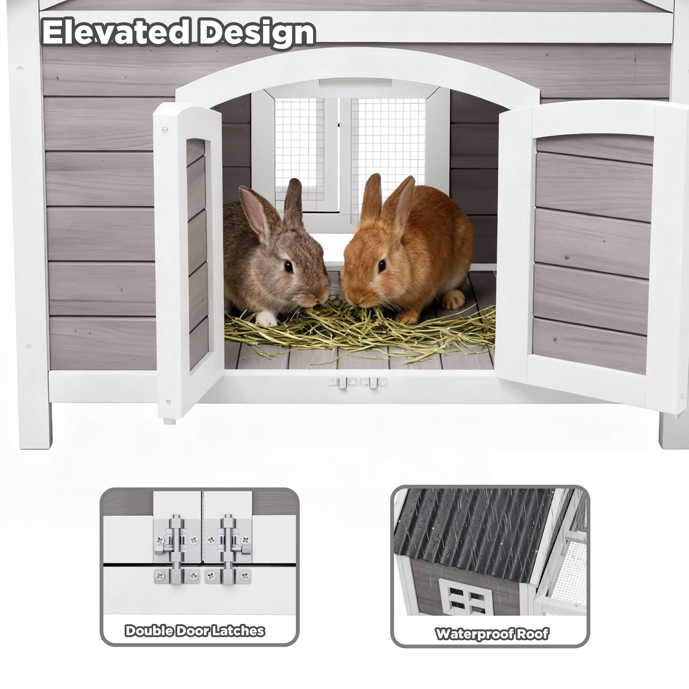 Indoor Wooden Rabbit Hutch with Wire Mesh Run,Outdoor Predator Proof Critter Cage,2 in1 Weatherproof Guinea Pig Hideout, Grey