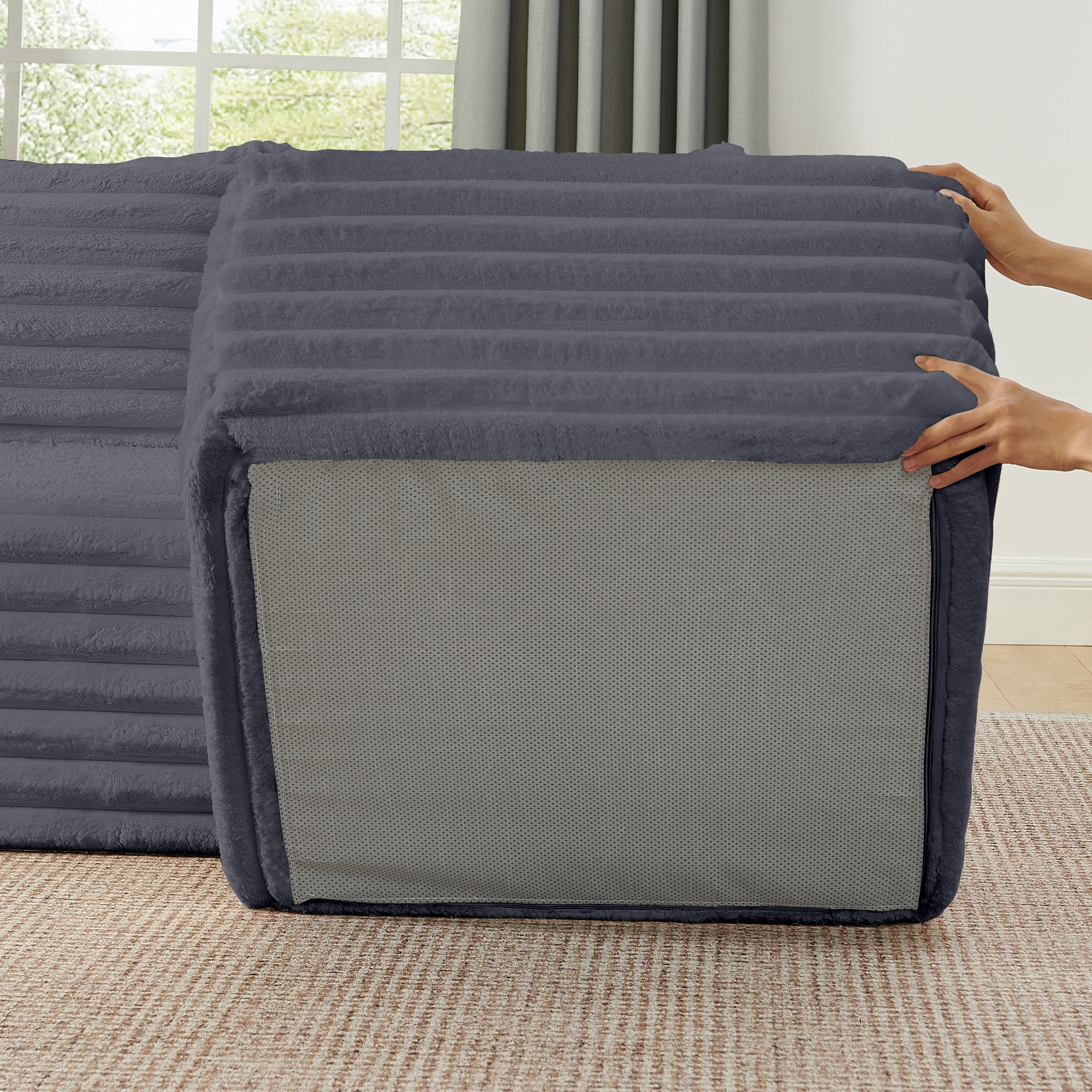 BSHTI 127" Corduroy U Shape Sectional Sofa with Console, Cup Holders, USB Port, 2 Ottomans for Living Room（Gray）