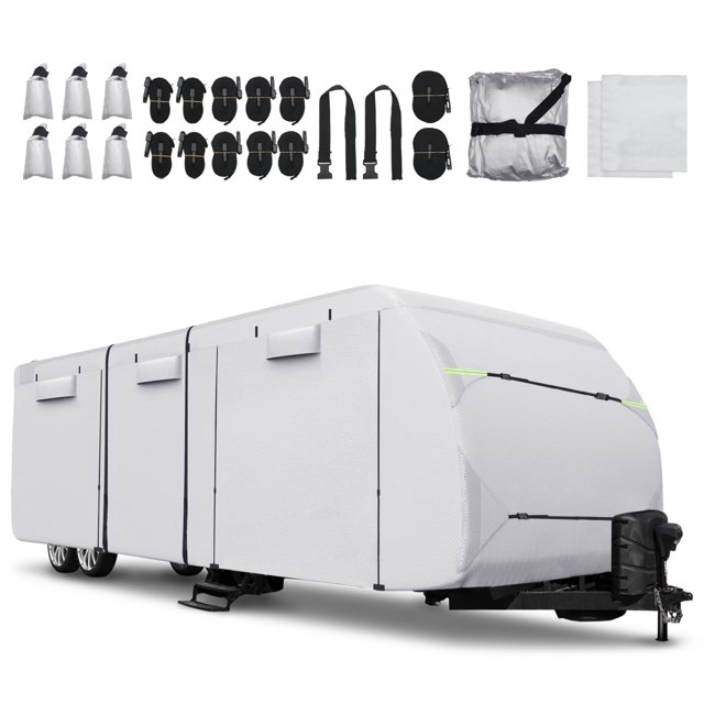 Unique Bargains 1 Set Waterproof RV Trailer Cover Fits 27'-30' with Extra Windproof Ropes and Gutter Covers Silver Tone