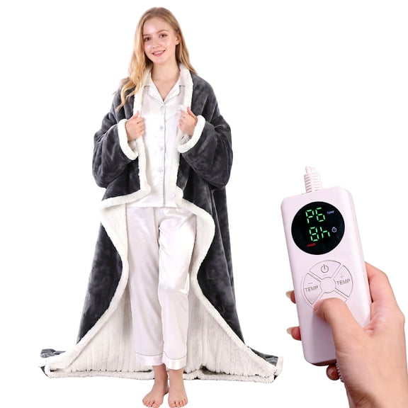 KINGTE Wearable Heated Blanket with Sleeves and Foot Pocket, 50"x70" Electric Throw, 6 Heat Levels, 8 Timer Settings