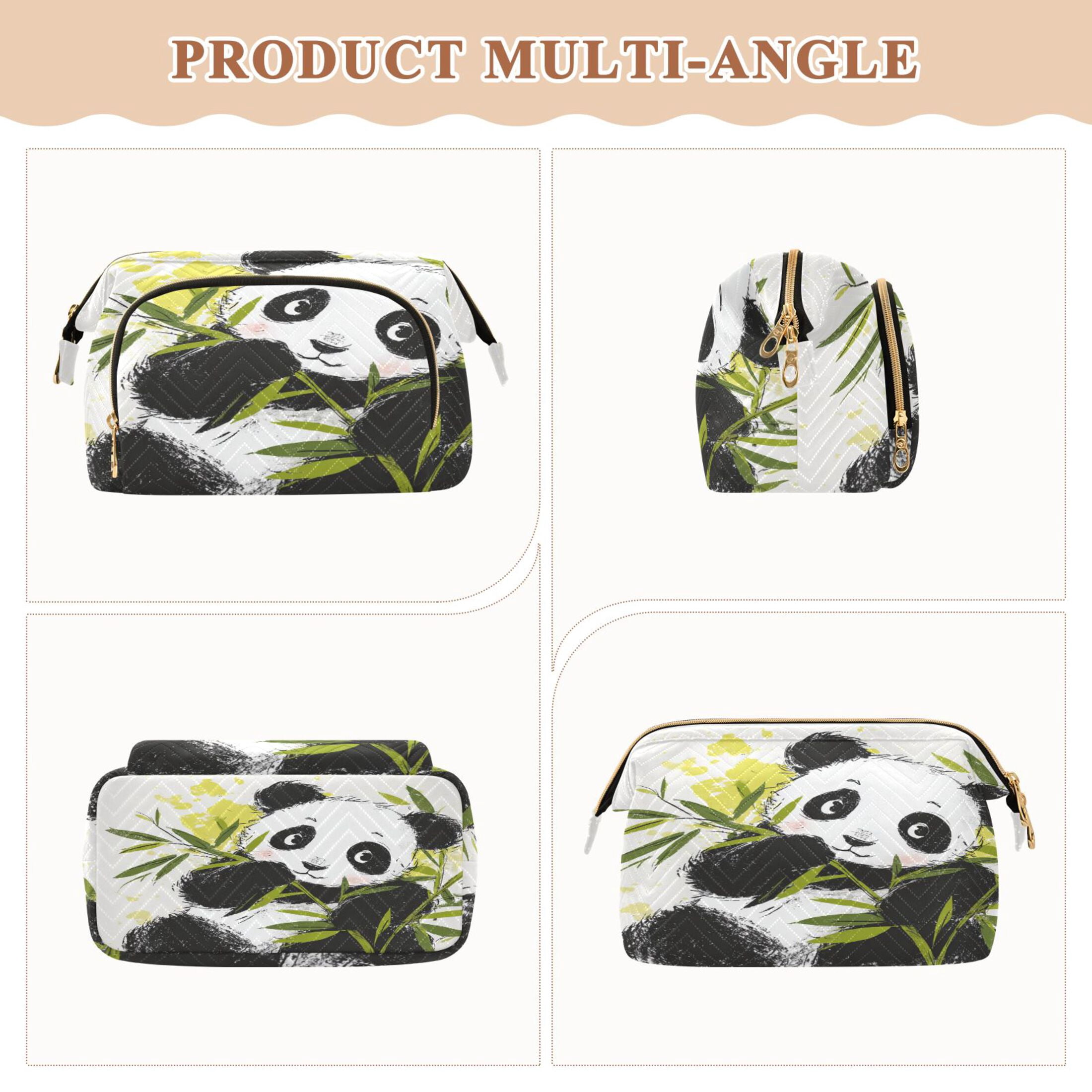 Wavy Quilted Cosmetic Bag Large-Capacity Travel Toiletry Organizer Includes 9-Piece Portable Travel Bottle Set Cheerful Bamboo Panda