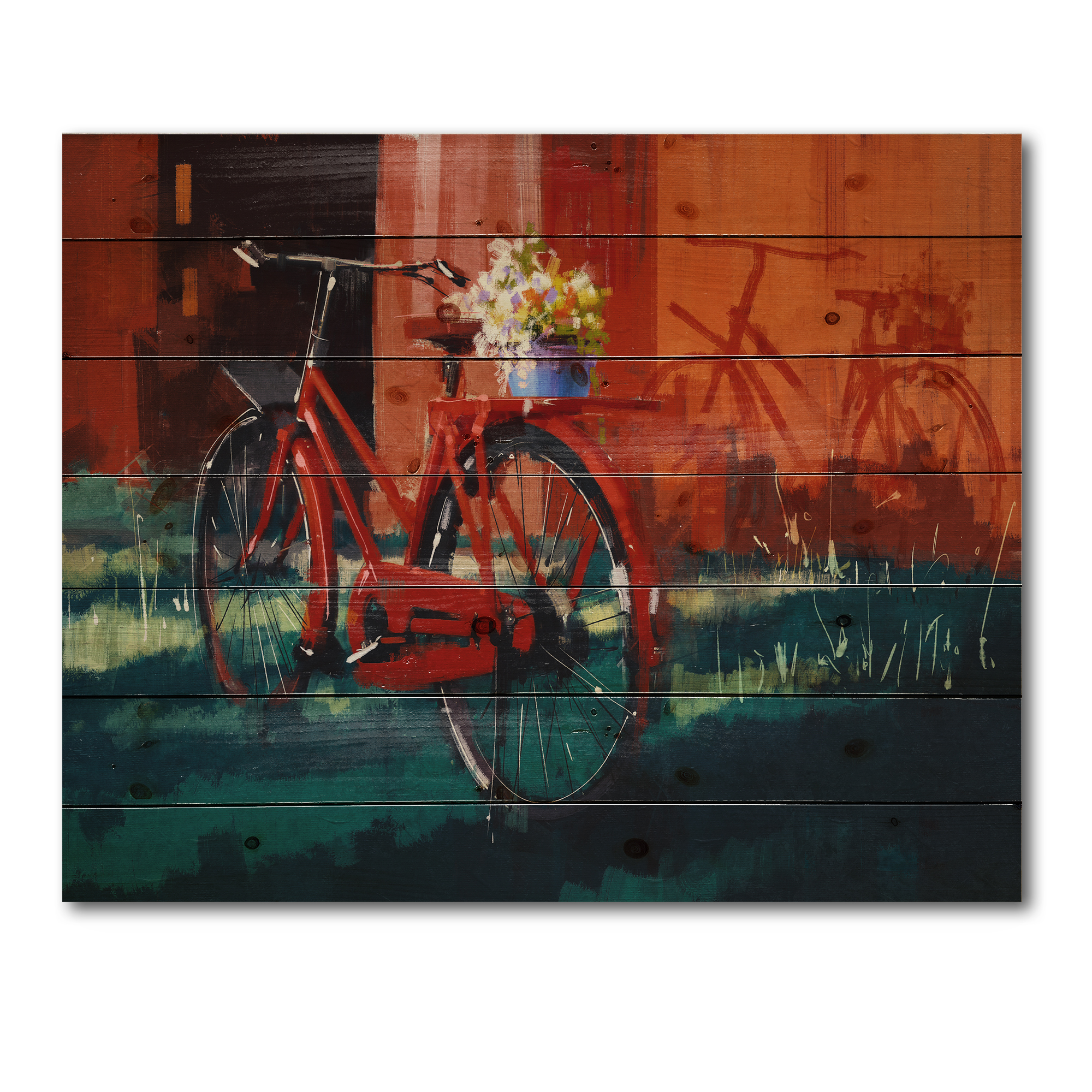 Designart 'Red VIntage Bicycle With Flowers Bucket' Vintage Print on Natural Pine Wood