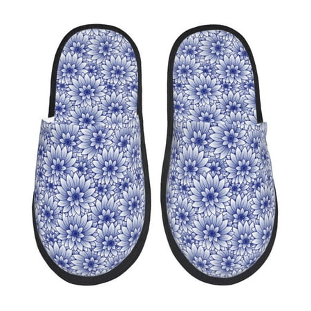 Balery Blue And White Flowers Slient Indoor Furry Fleece Comfort House Shoes Soft Non-Slip Home Shoes Cotton slippers House Slippers-- Large