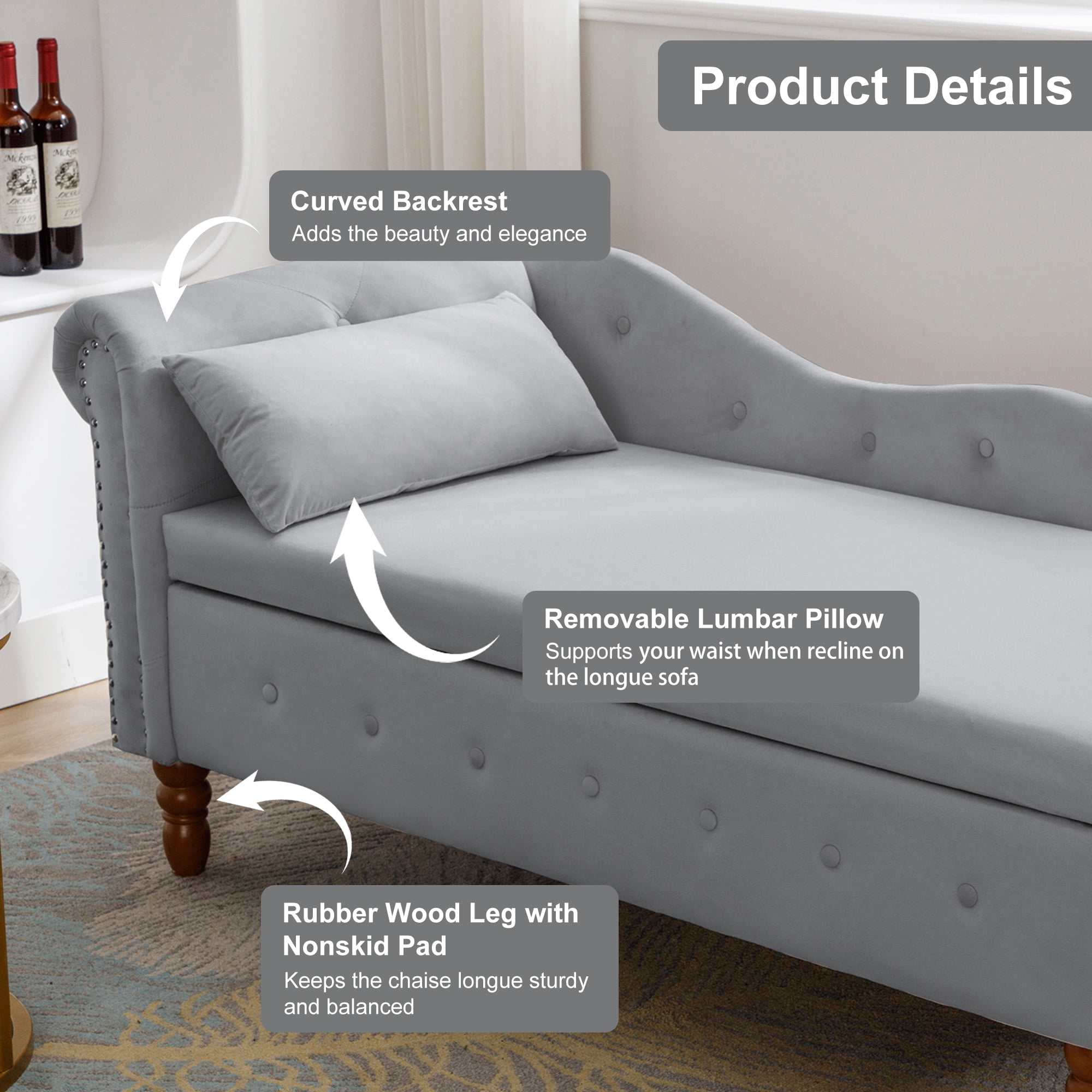 Aukfa Storage Chaise Lounge Chair Indoor Recliner Lounge Chair for Living Room Bedroom,Pillow - Gray
