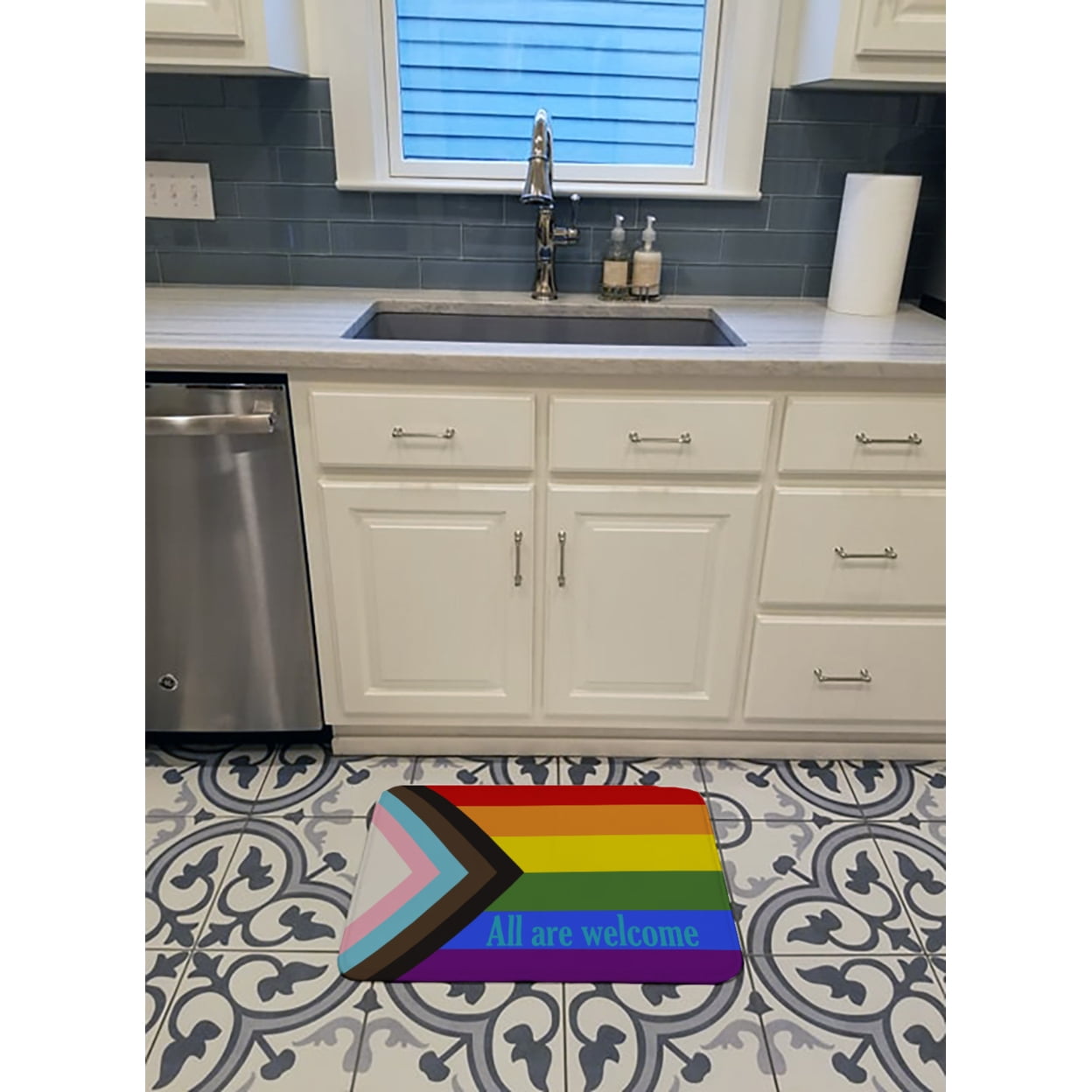 Gay Progress Pride All are Welcome Machine Washable Memory Foam Mat
