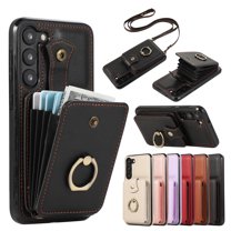 Wallet Phone Case for Samsung Galaxy S23 Plus, Crossbody Shoulder Strap Multiple Cards Holder RFID Blocking Shockproof Bumper Ring Holder Kickstand Feature Protective Case for Women Girls, Black