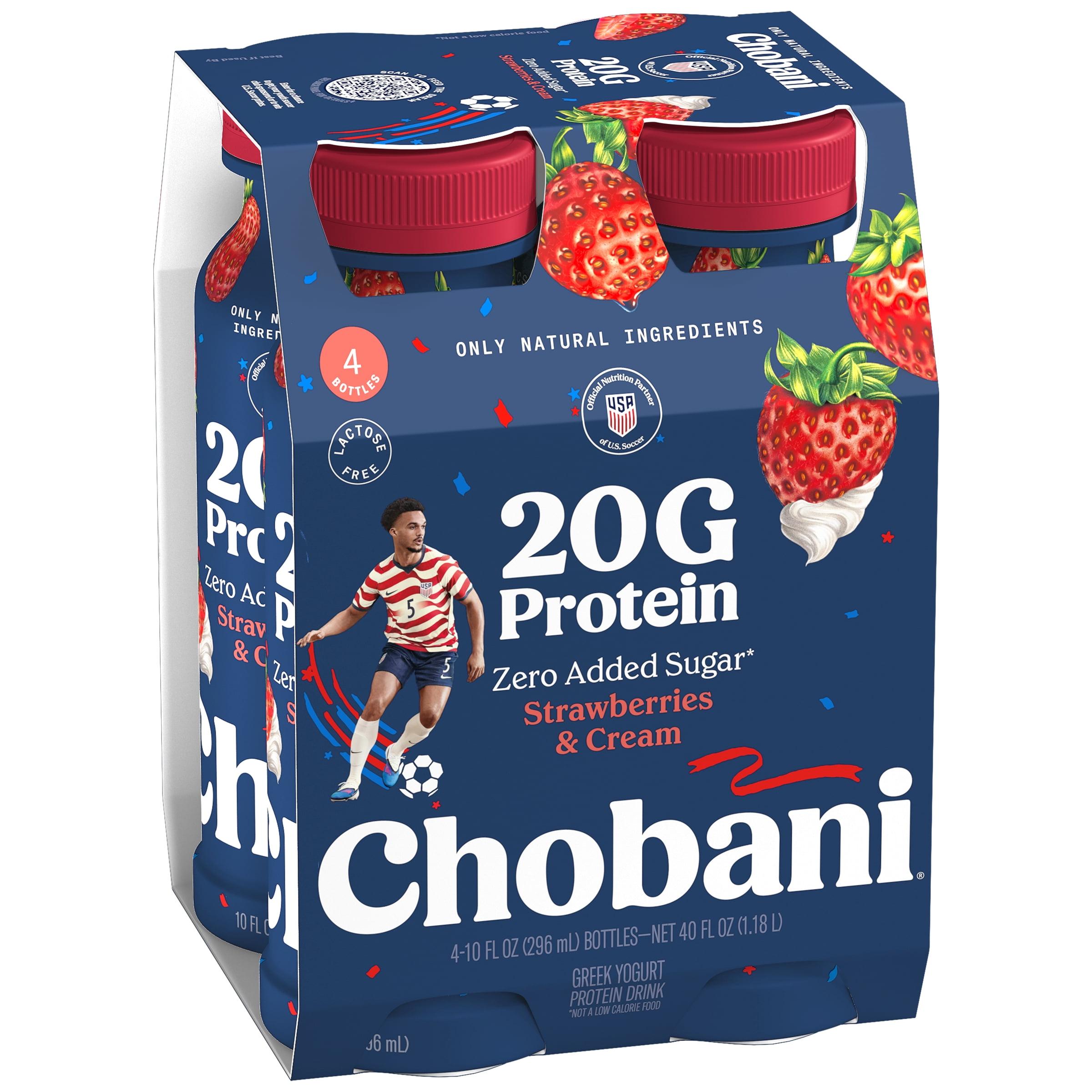 Chobani 20G Protein Low-Fat Greek Yogurt Drink, Strawberries and Cream 10 fl oz Bottle, 4 Pack