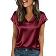 thumbnail image 3 of Fgvctg Silk Satin Women Tops Elegant Cap Short Sleeve Top V Neck Shirt Loose Casual Business Work Clothes Wine XL, 3 of 5