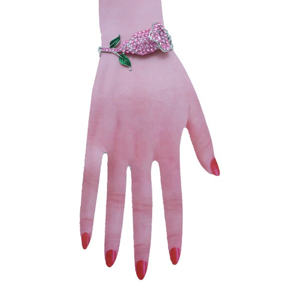 Women Silver Metal Chain Bracelet Pink Bling Flower Charm Elegant Evening Wear