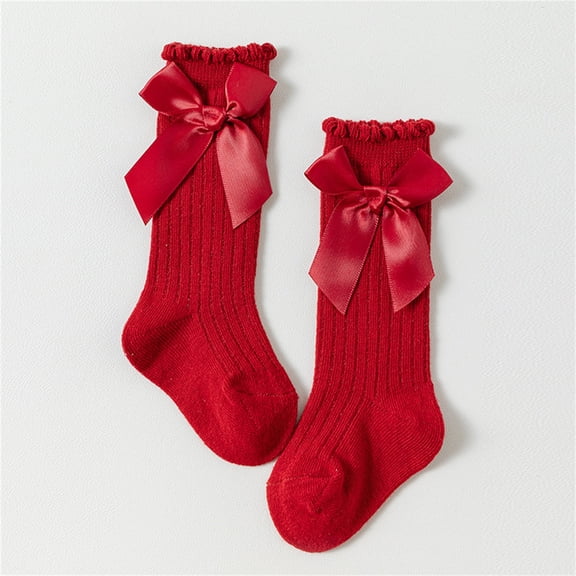 RKSTN Baby Socks Girl Cotton Knee High Socks Bow Solid Color Comfortable Versatile Princess Sweet Little Kids Socks for 0-4 Years (Red ,M)