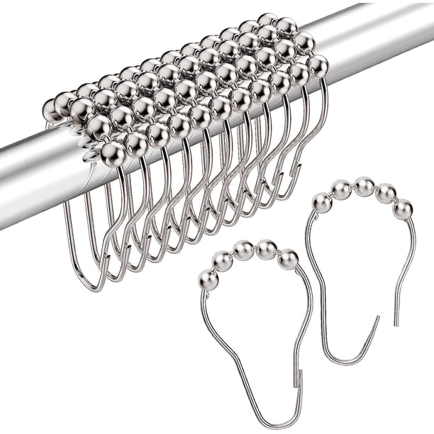Juego de 12 anillos de ganchos para cortina de ducha de acero inoxidable, ganchos de ducha de níquel para revestimiento de cortina de ducha, anillos de ducha a prueba de óxido con bolas roda
