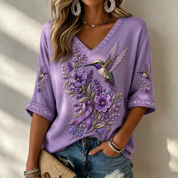 Womens Purple Floral & Hummingbird Print Alzheimer'S Awareness Support Tops Alzheimer Purple Ribbon 3/4 Length Sleeve V Neck T Shirts For Women
