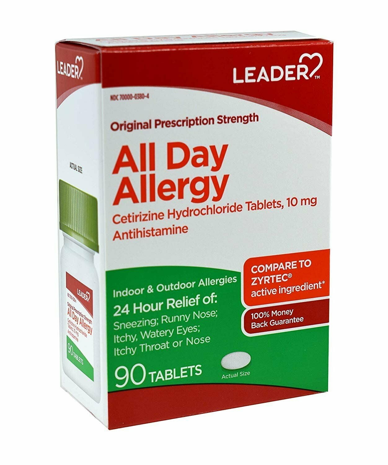 Leader 24 Hour All Day Allergy Relief, Cetirizine Hcl Tablets, 10 mg, 90 Count