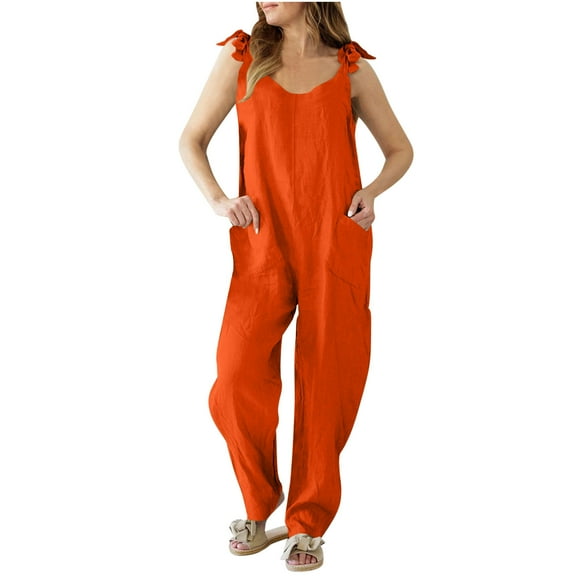 Casual Linen Jumpsuits for Women Wide Leg Pants Romper with Pocket Womens One Piece Jumpsuit Tie Strap Sleeveless Overalls, Orange, M