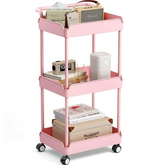 REZJSWFSMMJ  3-Tier Rolling Cart, Utility Cart With Handle,Easy Assemble Multifunction Storage Cart Pink