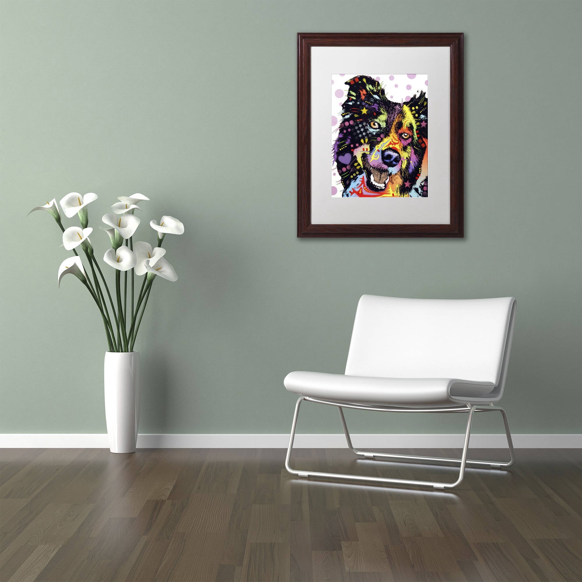 Trademark Fine Art "Border Collie" Canvas Art by Dean Russo, White Matte, Wood Frame