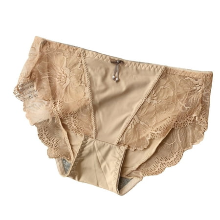 Guttear Lace Panties for Women Sexy Low Waist Seamless Crotch Soft Breathable Silk Bikini Beige M