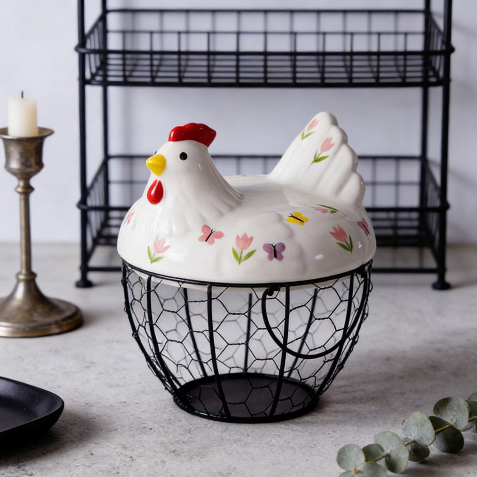 Farmhouse Egg Basket with Ceramic Lid, Black Wire Egg Holder for Fresh Eggs, Decorative Chicken Design Egg Storage Container, Kitchen Countertop Organizer Case for Eggs
