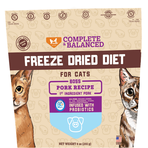 Boss Cat Complete & Balanced Freeze Dried Raw Diet for Cats, Pork Recipe, 9 oz Bag